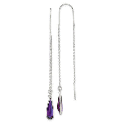Sterling Silver Polished Purple Cubic Zirconia Teardrop Threader Earrings