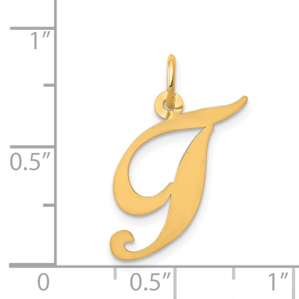 14k Yellow Gold Medium Fancy Script Letter T Initial Charm Pendant for Women