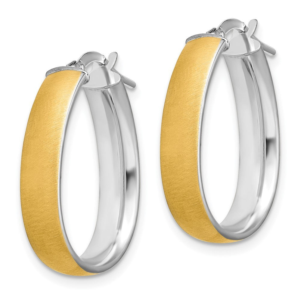 14k Yellow Gold and White Rhodium 4.85x18.5mm Satin and  Teardrop Hoop Earrings