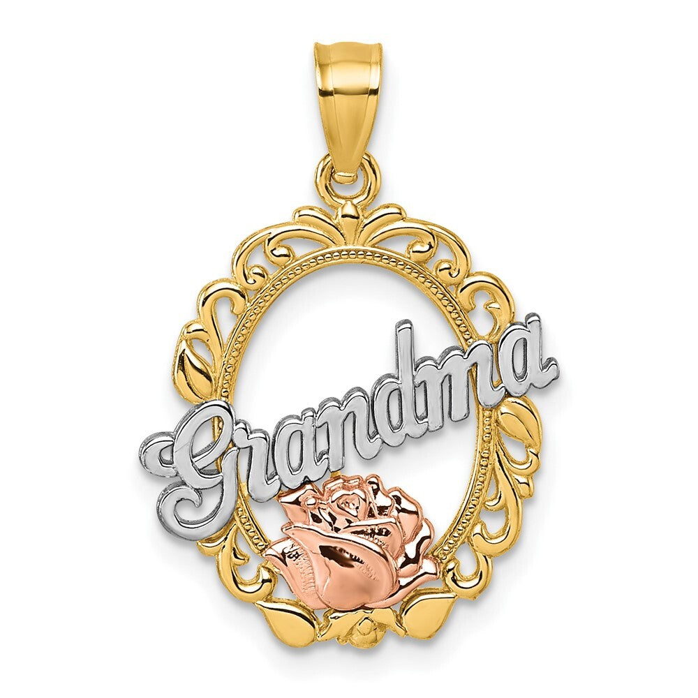 14k Yellow Gold Two-tone & White Rhodium Polished Grandma Rose Oval Pendant