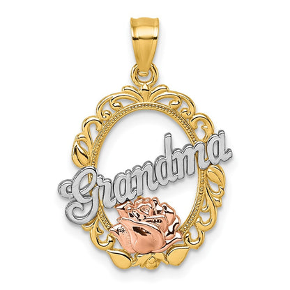 14k Yellow Gold Two-tone & White Rhodium Polished Grandma Rose Oval Pendant