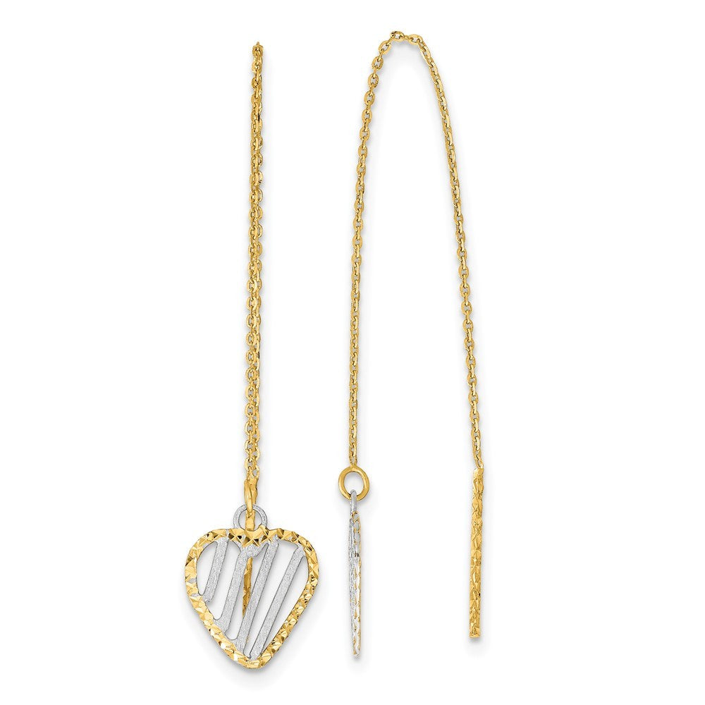 14k Yellow Gold & Rhodium Polished Satin and Diamond-Cut Heart Threader Earrings