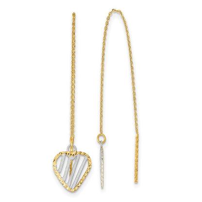 14k Yellow Gold & Rhodium Polished Satin and Diamond-Cut Heart Threader Earrings