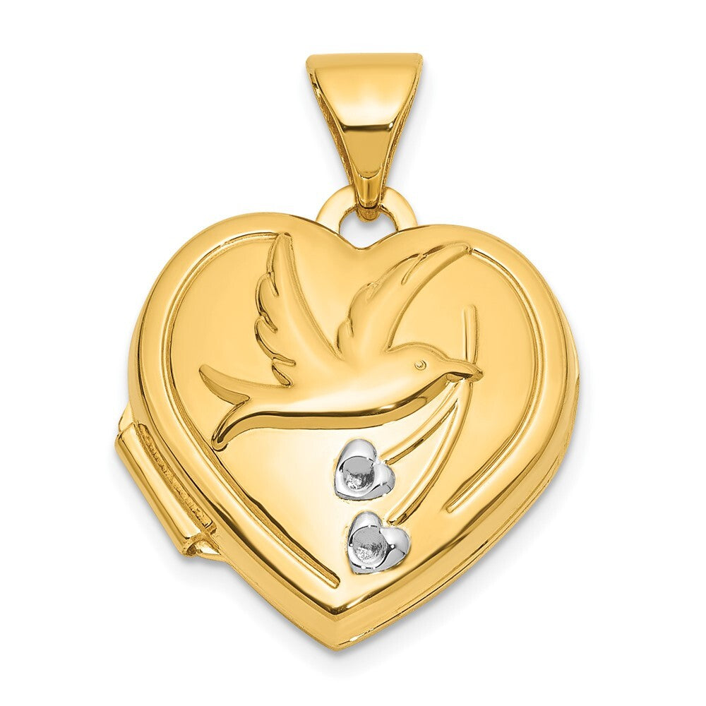 14k Yellow Gold 15mm Dove TOGETHER FOREVER Reversible Heart Locket Pendant