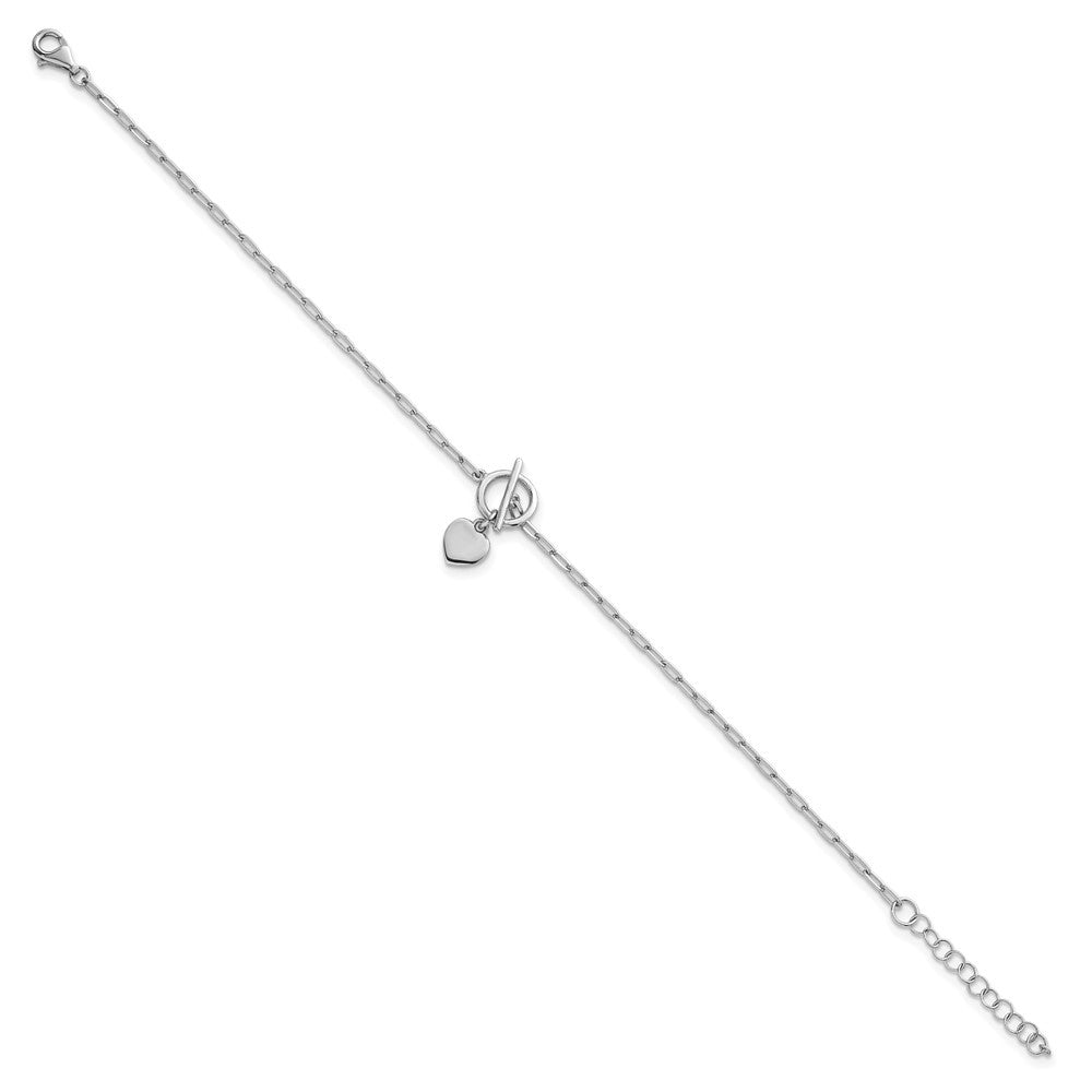 Sterling Silver Rhodium Heart Dangle Paperclip Link Bracelet 6.5" with 1" Ext