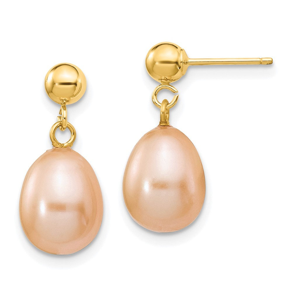 14k Yellow Gold 8-9mm Pink Rice Freshwater Cultured Pearl Post Dangle Earrings