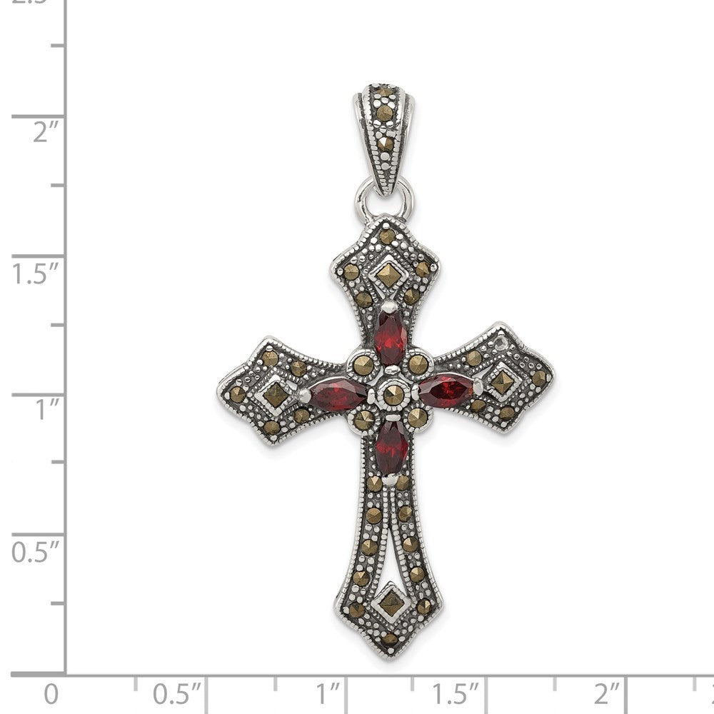 Sterling Silver Antiqued Red Marquise Cubic Zirconia Marcasite Cross Pendant