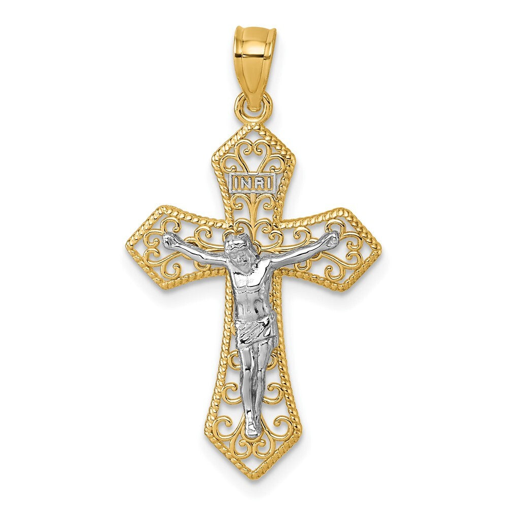 14k Two-tone Gold Polished and Beaded Fancy Crucifix Pendant for Women