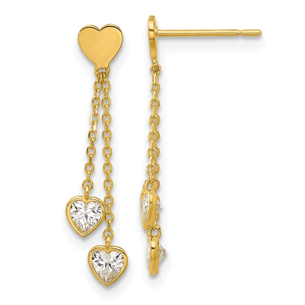 14k Yellow Gold Polished CZ Hearts Dangle Earrings