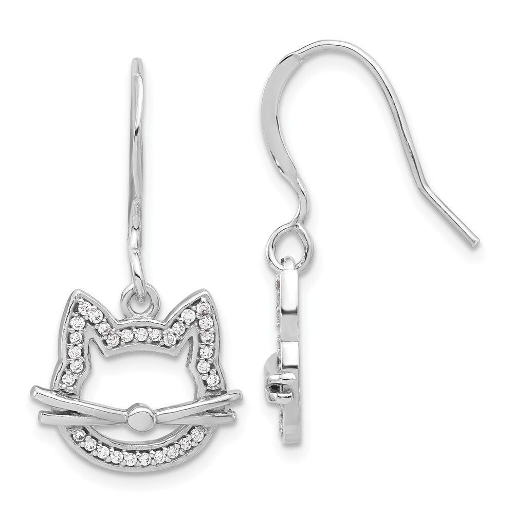 Sterling Silver Rhodium-plated Cubic Zirconia Cat Head Dangle Earrings
