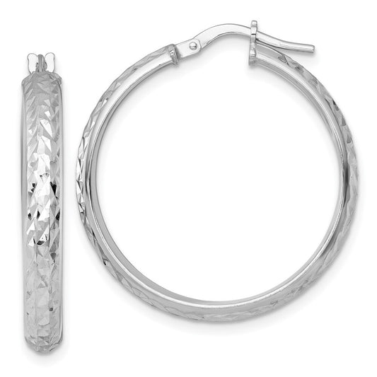 Sterling Silver RH-plated Polished and Diamond-cut Hoop Earrings