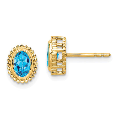 14k Yellow Gold Oval Blue Topaz Stud Earrings Gift for Women