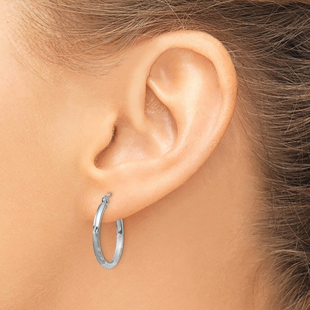 14k White Gold Satin and Diamond-cut 2mm Round Hoop Earrings Gift for Women
