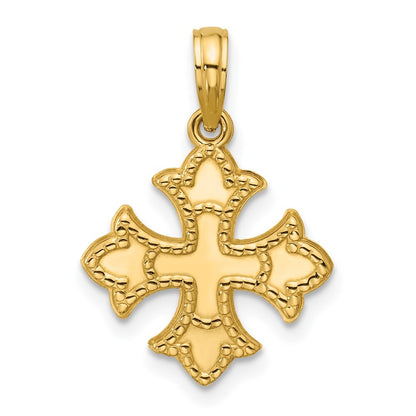14k Yellow Gold Polished Beaded Fleur de Lis Cross Pendant for Women
