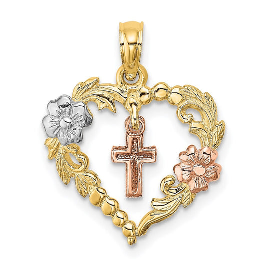 14k Two-tone Gold  White Rhodium Heart Cross and Flowers Charm Pendant