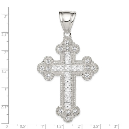 Sterling Silver Rhodium-plated Cubic Zirconia Budded Cross Pendant