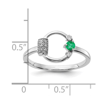 14k White Gold Polished Diamond and Emerald Circle Ring Size 7