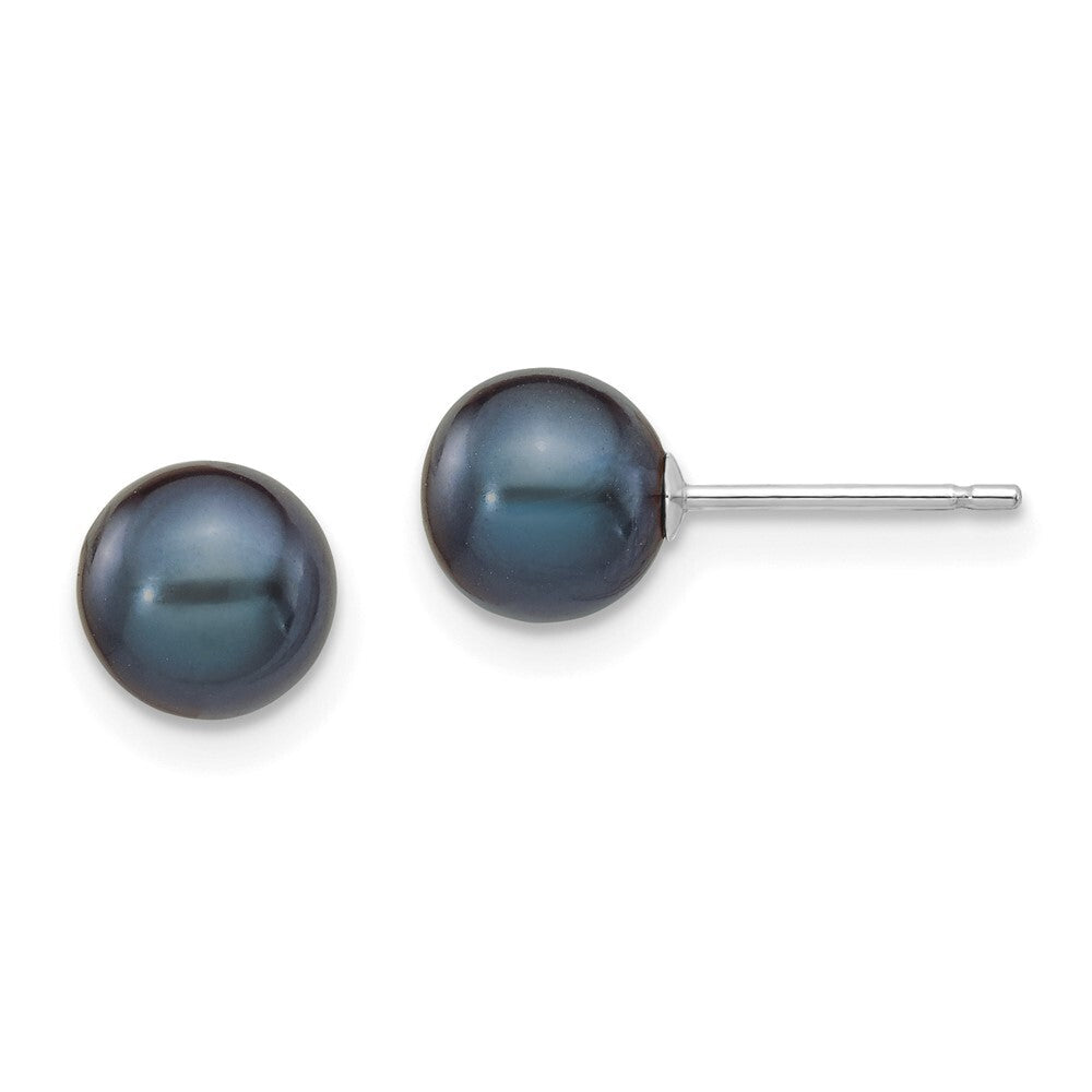 14k White Gold 6-7mm Black Round Freshwater Cultured Pearl Stud Earrings