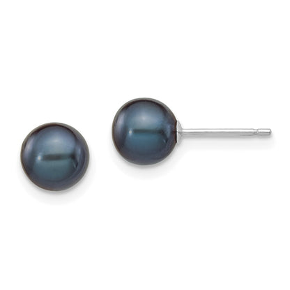 14k White Gold 6-7mm Black Round Freshwater Cultured Pearl Stud Earrings