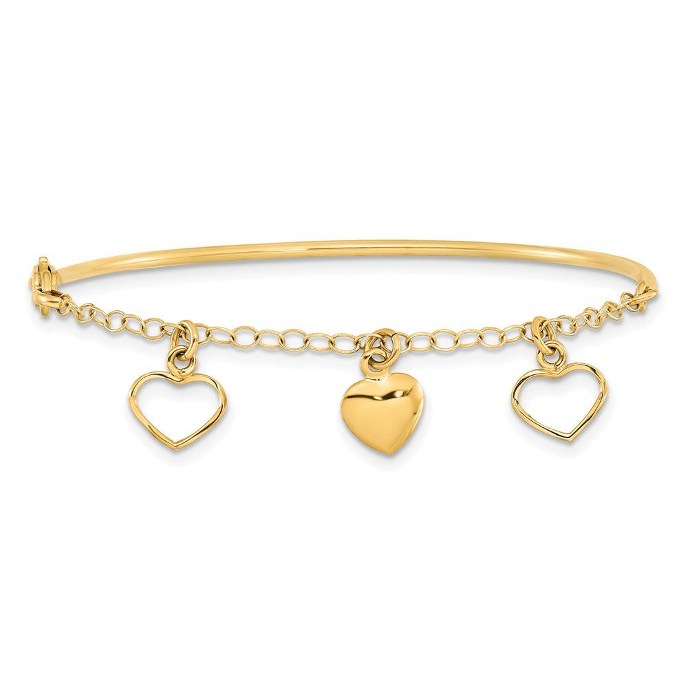 14k Yellow Gold Polished Dangle Heart Chain Bracelet Half Bangle 7 inch Bracelet
