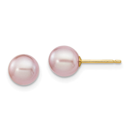 14k Yellow Gold 6-7mm Purple Round Freshwater Cultured Pearl Stud Earrings