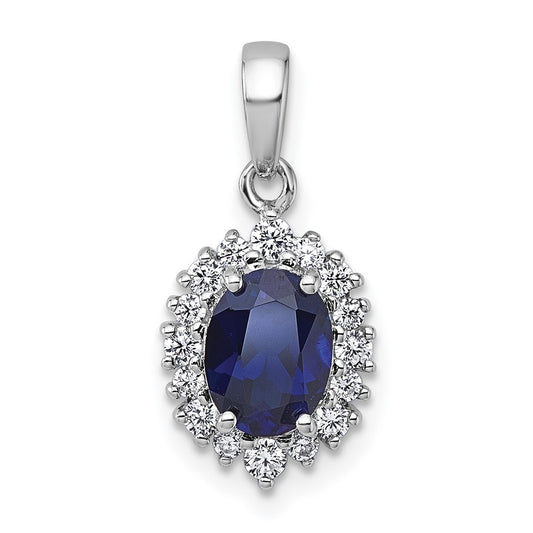 Sterling Silver Polished Lab Created Sapphire & Cubic Zirconia Oval Halo Pendant