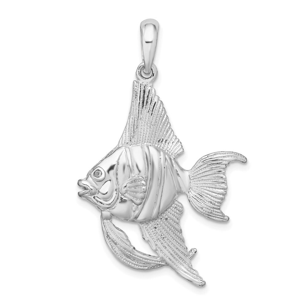 Sterling Silver Rhodium-Plated Polished and Textured 3D Angel Fish Pendant