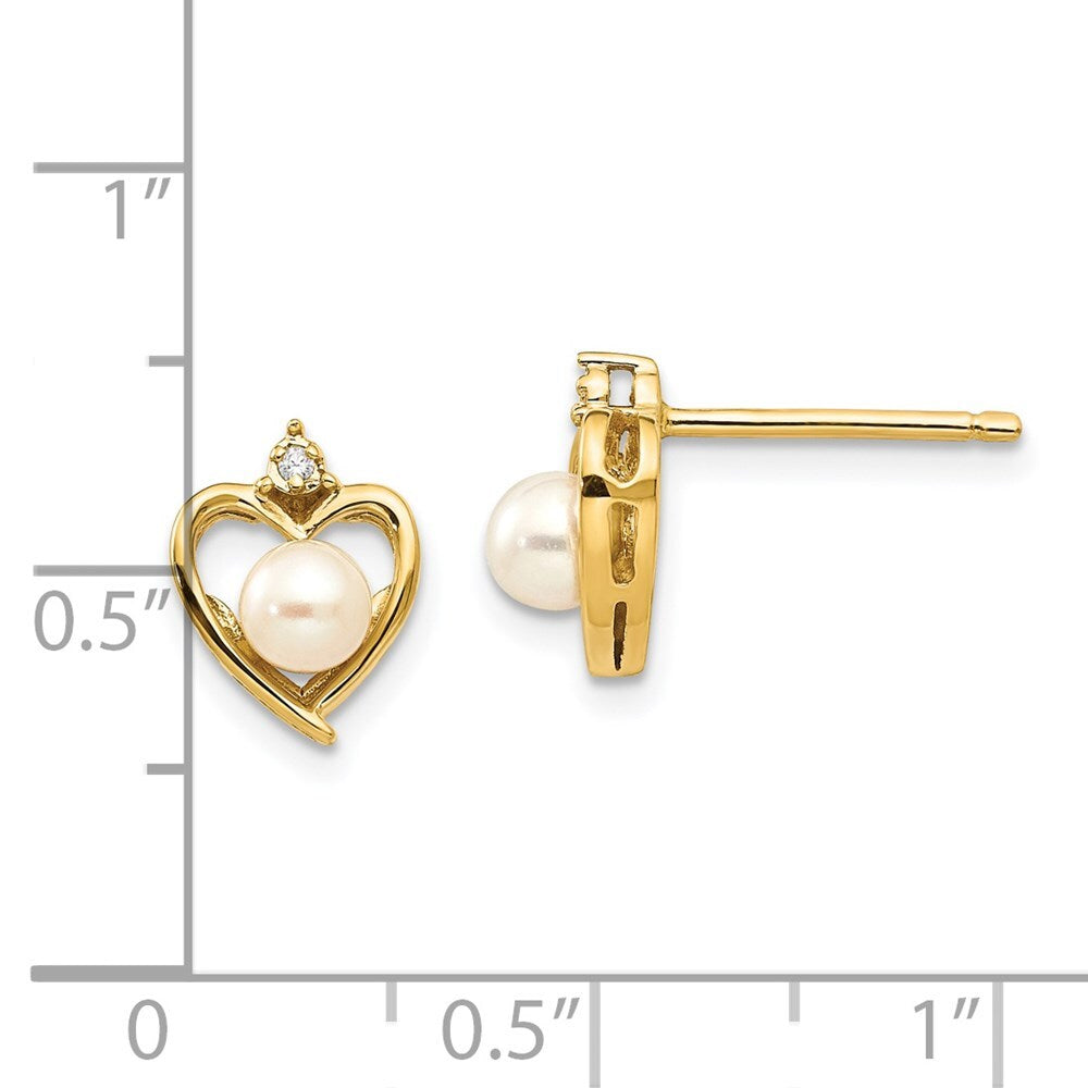 14k Yellow Gold FW Cultured Pearl and Diamond Heart Stud Earrings