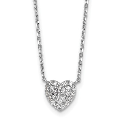 Sterling Silver Rhodium-plated  Pave CZ Heart 16" with 2" Extension Necklace