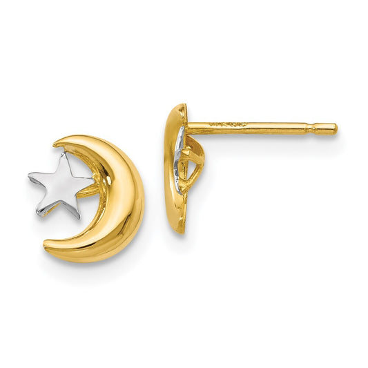 14k Yellow Gold Polished & Rhodium Moon & Star Stud Earrings Gift for Women