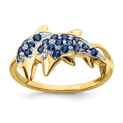14k Yellow Gold w/ Rhodium Diamond and Sapphire Dolphins Ring