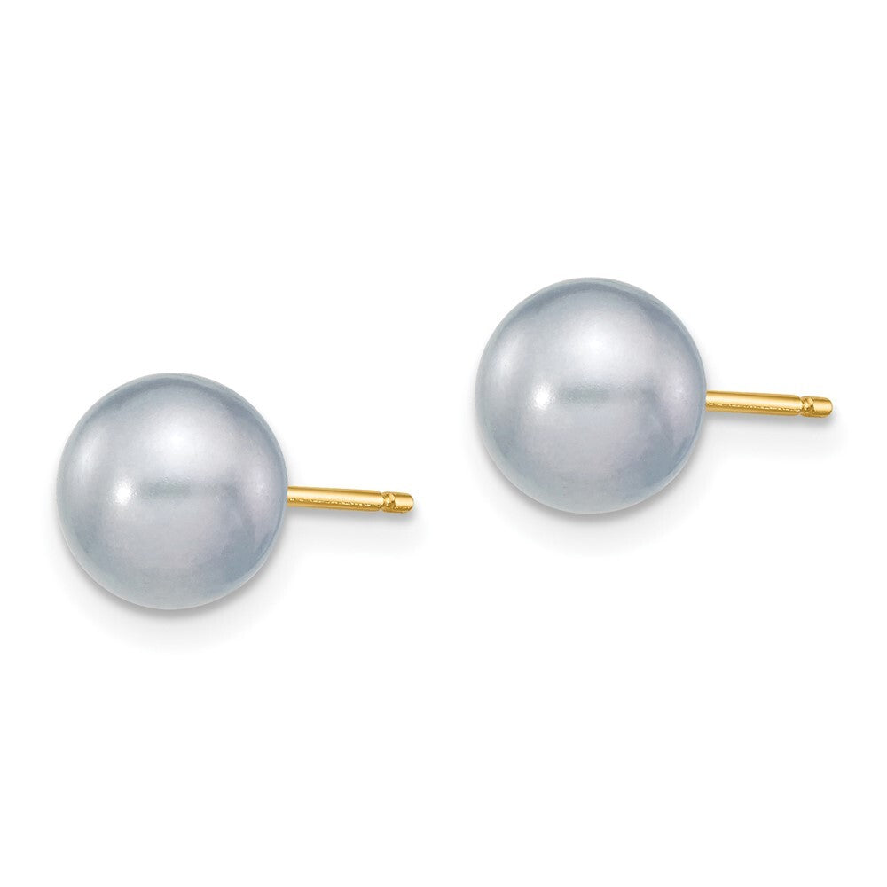 14k Yellow Gold 7-8mm Grey Round Freshwater Cultured Pearl Stud Earrings