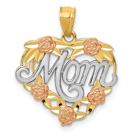 14k Two-tone Gold White Rhodium MOM Heart Pendant for Women
