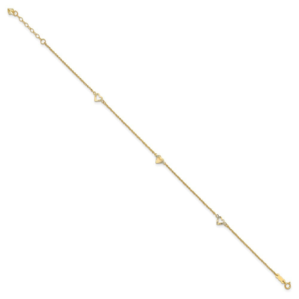 14k Yellow Gold Diamond-cut Hearts 3-Station 11" Anklet