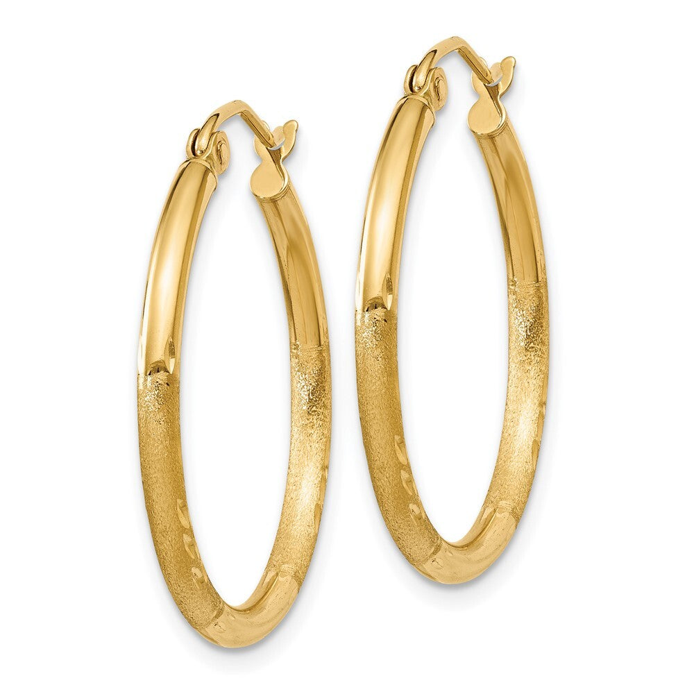 14k Yellow Gold Satin and Diamond-cut 2mm Round Tube Hoop Earrings