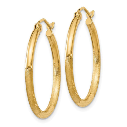 14k Yellow Gold Satin and Diamond-cut 2mm Round Tube Hoop Earrings