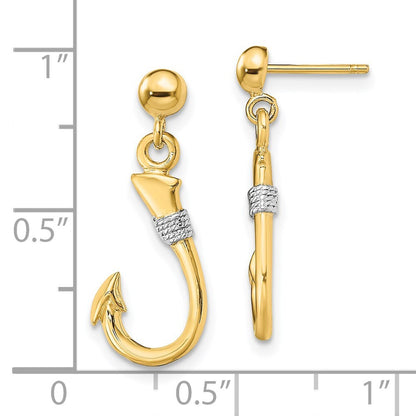 14k Yellow Gold Rhodium 3-D Fish Hook Rope Dangle Earrings Gift for Women