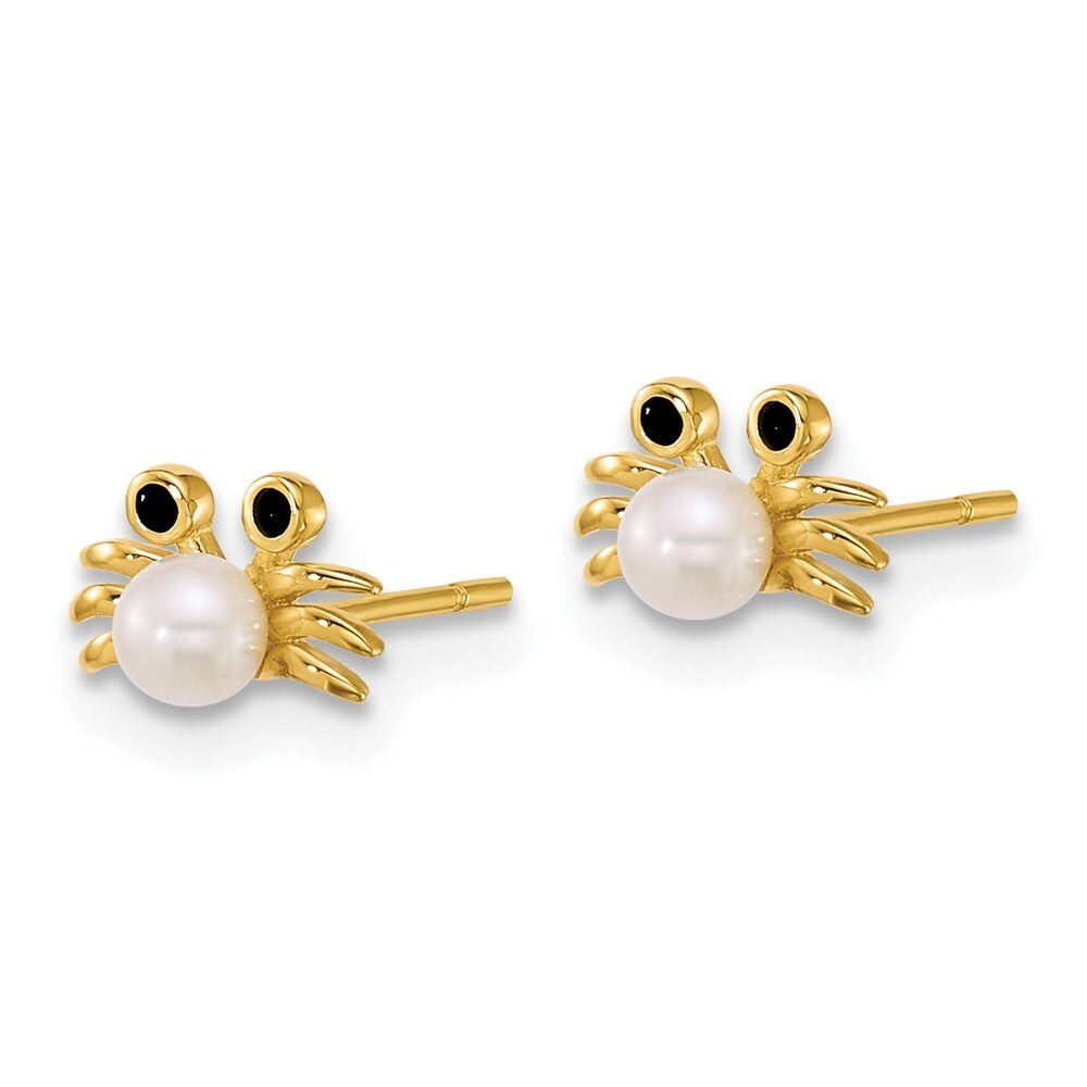14k Gold Polished Black Cubic Zirconia with Cultured Pearl Crab Stud Earrings