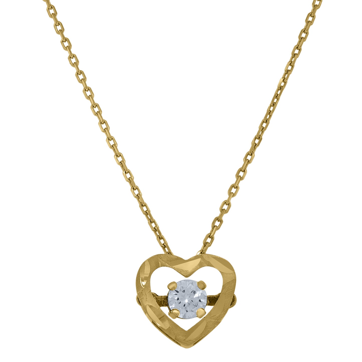 14Kt Yellow Gold Sparkling Cubic Zirconia Diamond-Cut Heart Pendant Necklace 18"