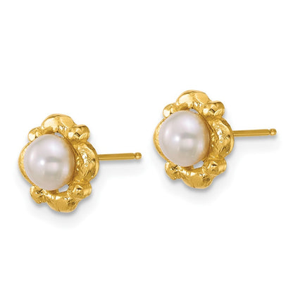 14k Yellow Gold Polished and Textured 4-5mm Freshwater Cultured Pearl Earrings