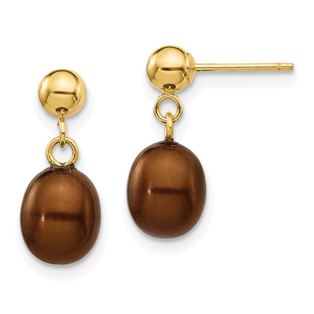 14k Yellow Gold 6-7mm Brown Rice Freshwater Cultured Pearl Dangle Earrings