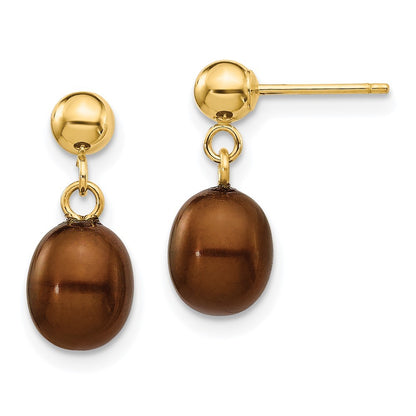 14k Yellow Gold 6-7mm Brown Rice Freshwater Cultured Pearl Dangle Earrings