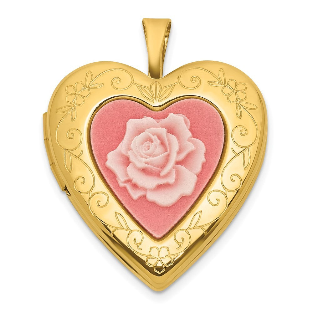 Sterling Silver Front/Brushed Back Pink Rose Resin Cameo 20mm Heart Locket