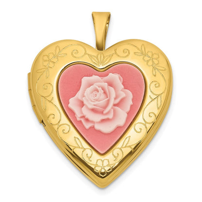 Sterling Silver Front/Brushed Back Pink Rose Resin Cameo 20mm Heart Locket