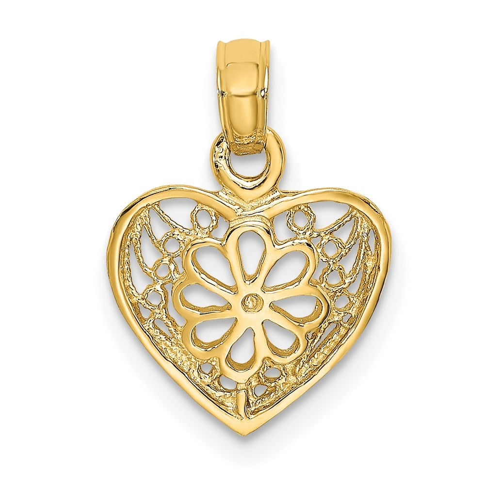 14k Yellow Gold 2-D Filigree Heart with Flower Design Charm