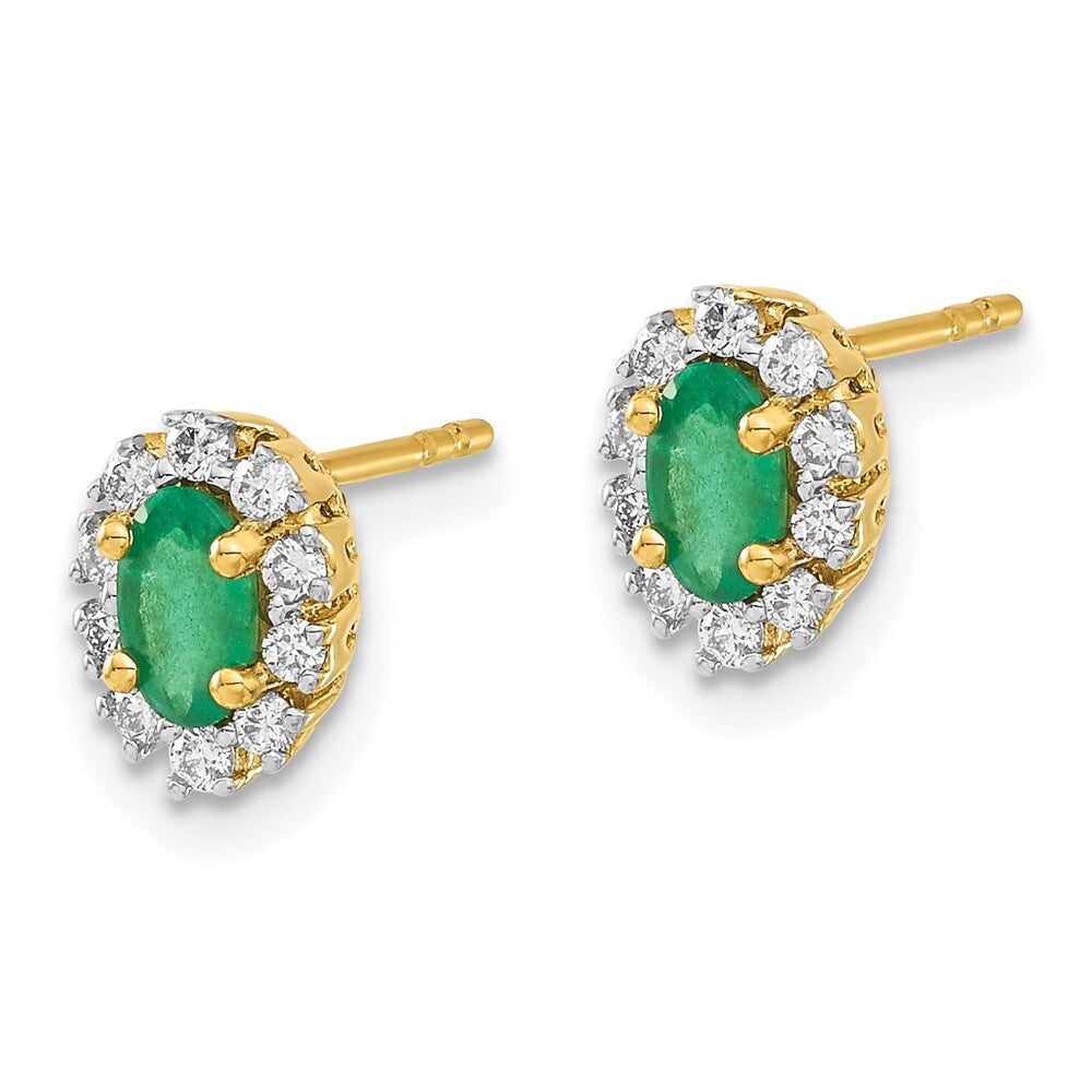 14k Yellow Gold 1/5Ct Diamond and Emerald Oval Halo Stud Earrings