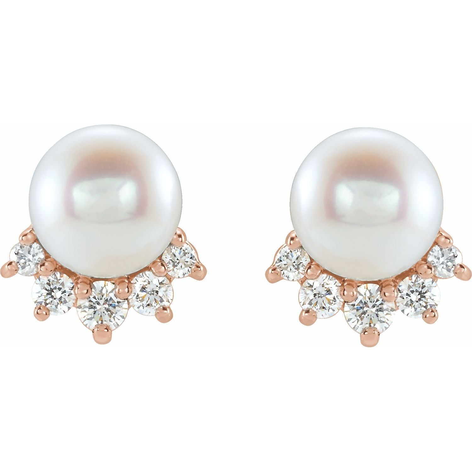 14k Rose Gold  White Freshwater Cultured Pearl & .08Ct Diamond Stud Earrings