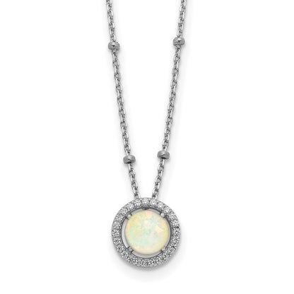 Sterling Silver RH-plated White Created Opal CZ Beaded w/2 in ext. Necklace