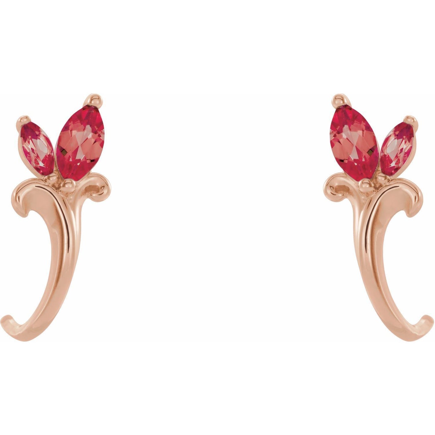 Gift for Mothers 14k Rose Gold Natural Ruby Floral J-Hoop Earrings Fine Jewelry