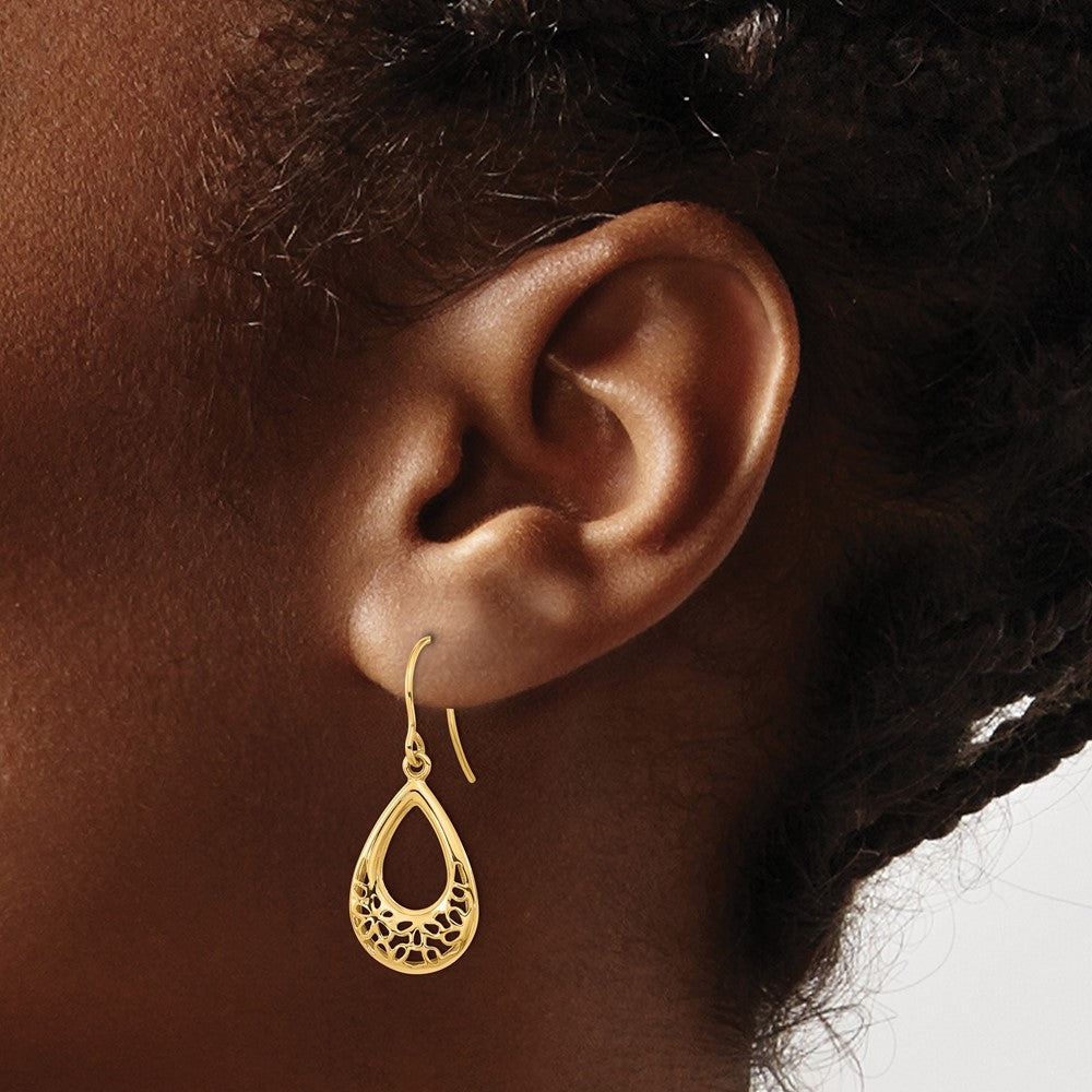 14k Yellow Gold Polished Floral Teardrop Drop Dangle Earrings w/ Shepherd Hook